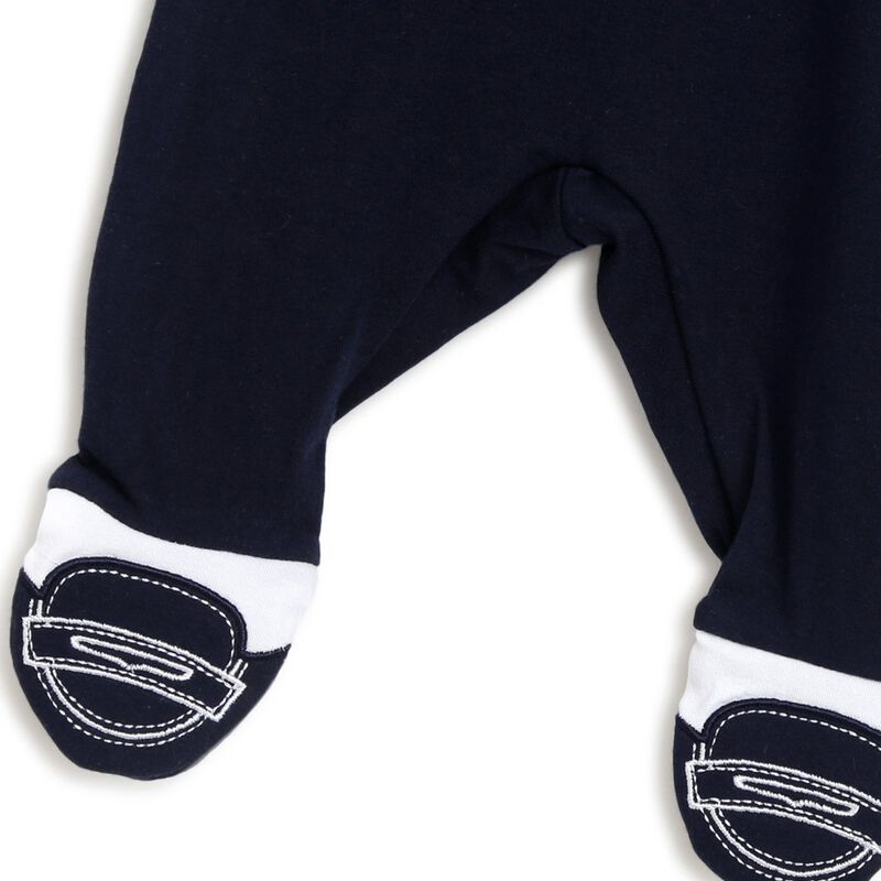 Boys White & Blue Solid Nappy Opening Babysuit image number null